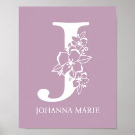Poster Letra J Monograma Floral Nome Nursery Modern