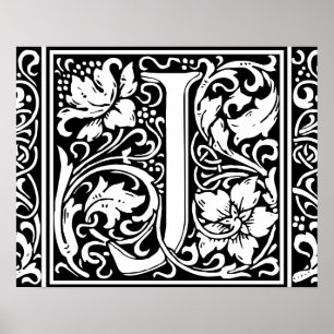 Poster Letra J Monograma Medieval Inicial Vintage