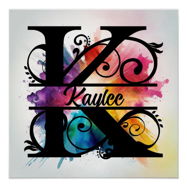 Póster Letra 'K', Monograma Brilhante Brilhante, Nome par (Frente)