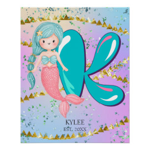Póster Letra K Monograma Mola-d-Água Enfermeira-Mermaid C