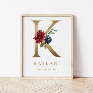 Poster Letra K Monograma Nome Marsala Floral Nursery