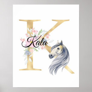 Poster Letra K monograma personalizado com nome e cavalo