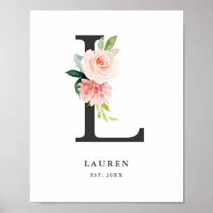 Poster Letra L Monograma Aquarela Peach Floral Nursery