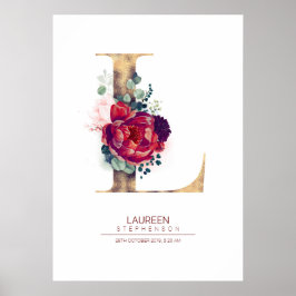 Poster Letra L Monograma Floral Borgonha Vermelha e Doura