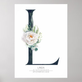 Poster Letra L Monograma Flores Brancas e Folhagens