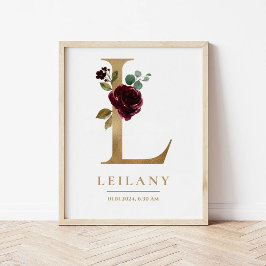 Poster Letra L Monograma Nome Marsala Floral Nursery