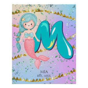 Póster Letra M Monograma Aquarela Enfermeiro de Sereia Cu
