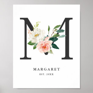 Poster Letra M Monograma Aquarela Peach Floral Nursery