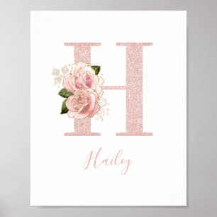 Poster Letra Maiúscula H Floral em Rosa Dourado Brilhante