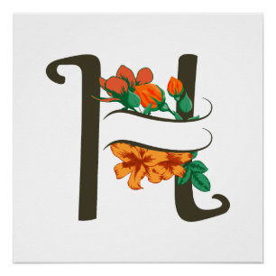 Póster Letra maiúscula H monograma floral