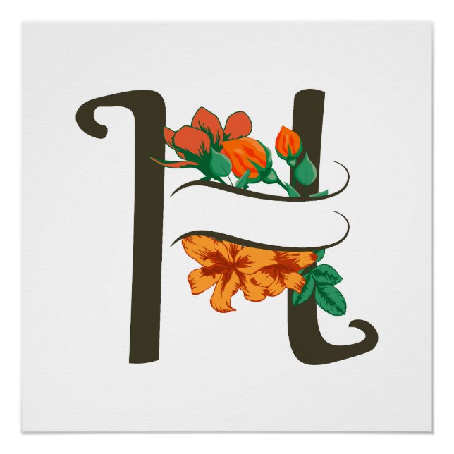 Póster Letra maiúscula H monograma floral (Frente)