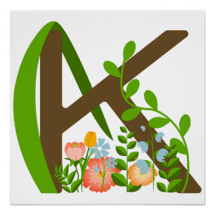 Póster Letra maiúscula K monograma floral