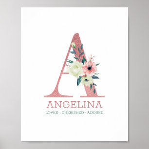 Poster Letra Monograma A Rosa Floral Aquarela Berçário