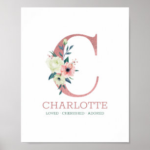 Poster Letra Monograma C Rosa Floral Berçário Aquarela