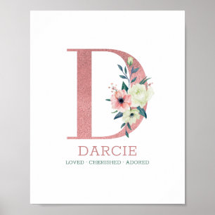 Poster Letra Monograma D Aquarela Rosa Berçário Floral