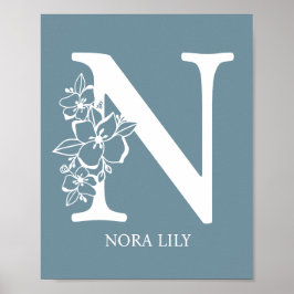 Poster Letra N Monograma Floral Nome Nursery Modern