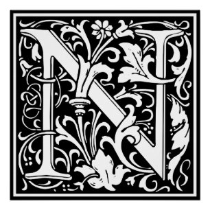 Póster Letra N Monograma Medieval Arte Nova