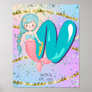 Poster Letra N Monograma Mola-d-Água Enfermeiro de Sereia