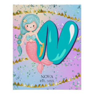 Póster Letra N Monograma Mola-d-Água Enfermeiro de Sereia