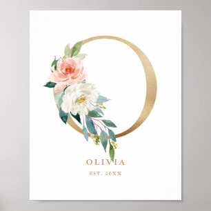 Poster Letra O Blush Monograma Floral Nurserida Ouro