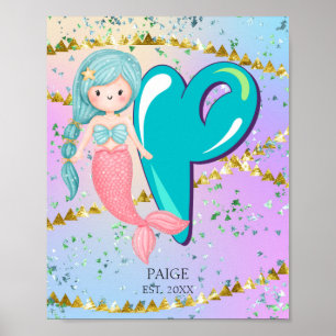 Poster Letra P Monograma Mola Aquarela Enfermeiro Sereia 