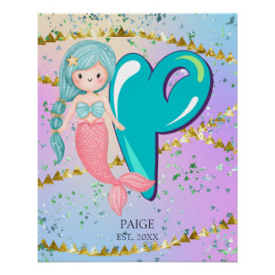 Póster Letra P Monograma Mola Aquarela Enfermeiro Sereia