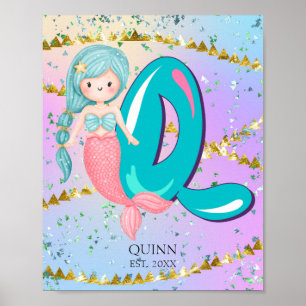 Poster Letra Q Monograma Mola Aquarela Enfermeiro Sereia
