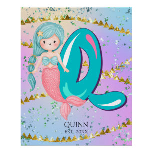 Póster Letra Q Monograma Mola Aquarela Enfermeiro Sereia
