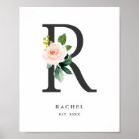 Letra R Monograma Aquarela Peach Floral Nursery