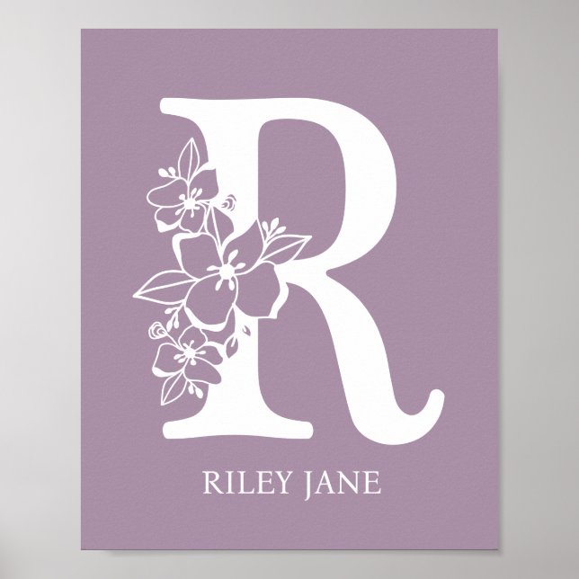 Poster Letra R Monograma Floral Nome Nursery Modern (Frente)