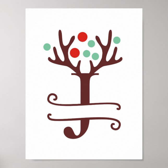 Poster Letra Reindeer Personalizada J Dividir Monograma (Frente)