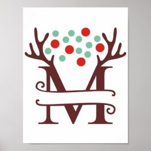 Poster Letra Reindeer Personalizada M Monograma Dividido