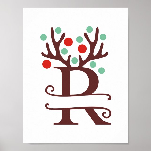 Poster Letra Reindeer Personalizada R Dividir Monograma (Frente)