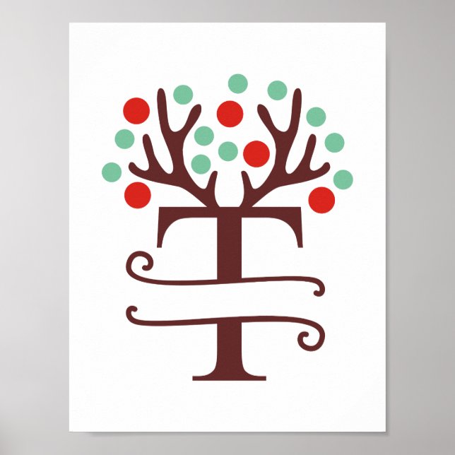 Poster Letra Reindeer Personalizada T Dividir Monograma (Frente)