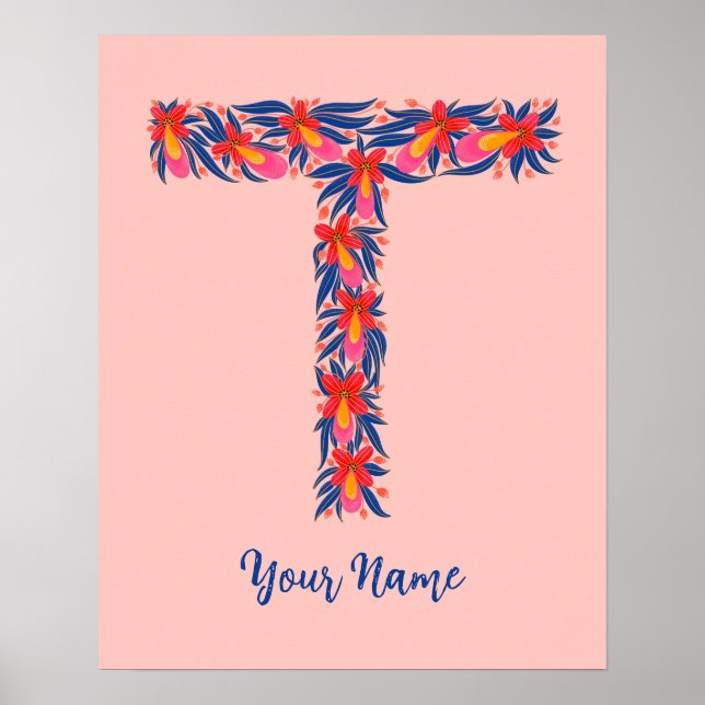 Poster letra T arte floral personalizada para parede (Frente)