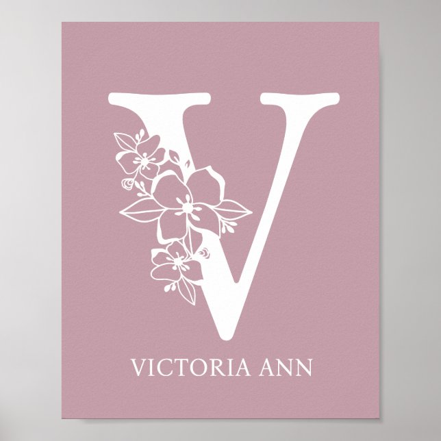 Poster Letra V Monograma Floral Nome Nursery Modern (Frente)