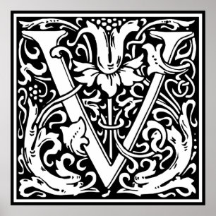 Póster Letra V Monograma Medieval Arte Nova
