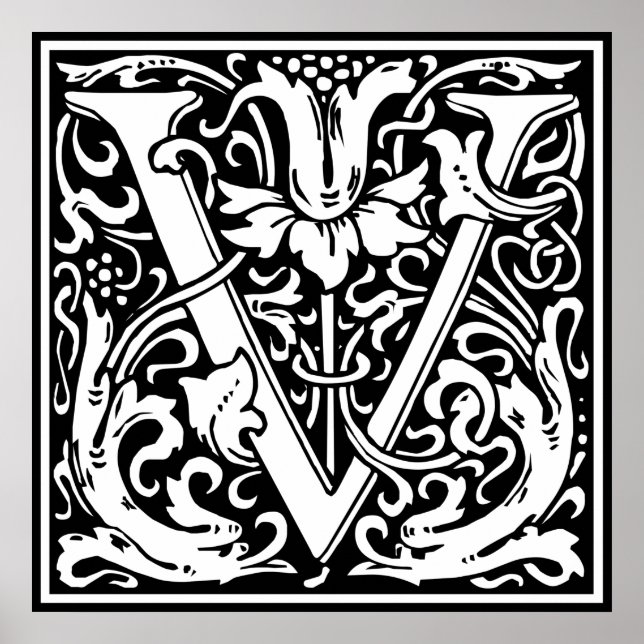 Póster Letra V Monograma Medieval Arte Nova (Frente)