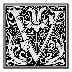 Póster Letra V Monograma Medieval Arte Nova