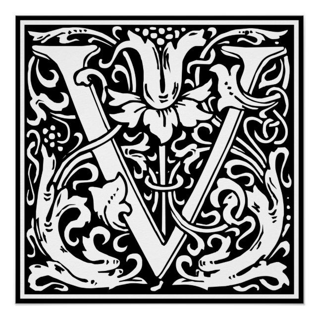 Póster Letra V Monograma Medieval Arte Nova (Frente)