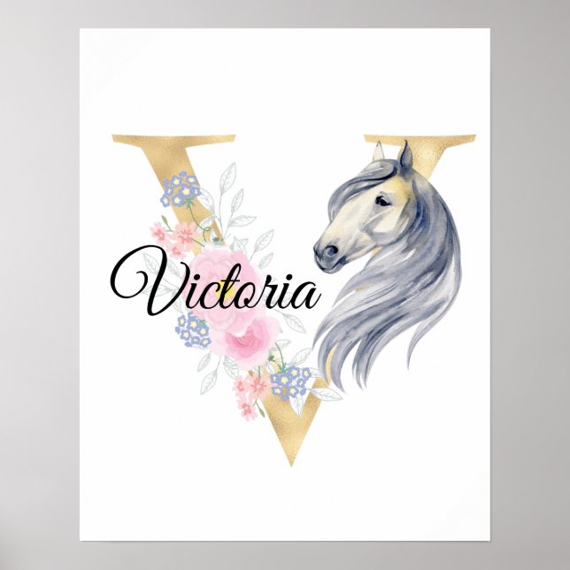 Poster Letra V monograma personalizado com cavalo (Frente)
