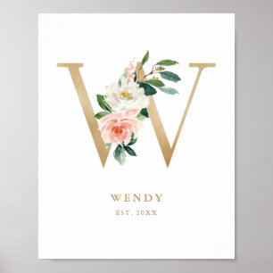 Poster Letra W Blush Floral Monogramas Gold Foil Nursery