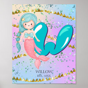 Poster Letra W Monograma Aquarela Enfermeiro de Sereia Cu