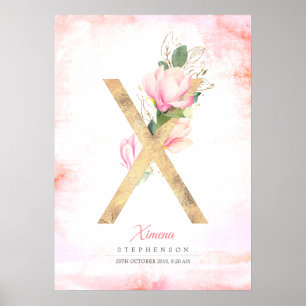 Poster Letra X Monograma Dourado deixa cor de rosa Magnol