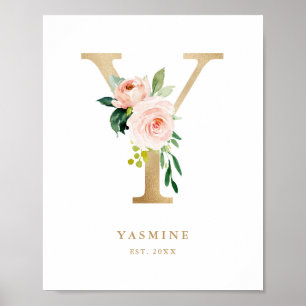Poster Letra Y Blush Monograma Floral Nurserida Ouro