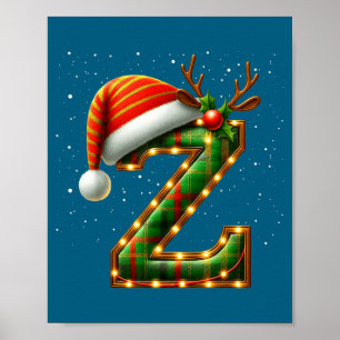 Poster Letra Z Natal Xadrez Chapéu do Papai Noel Monogram