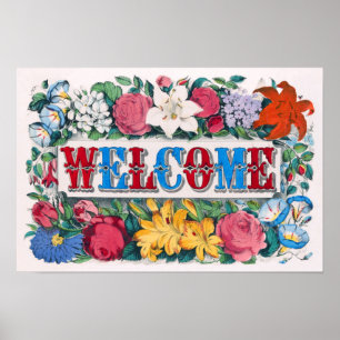 Poster Letras de Boas-Vindas Rosas Lírios Jardim de Flore