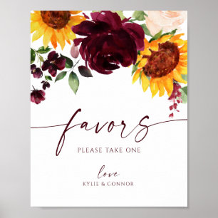 Poster Letras de Favor de Casamento Girassóis Rosas Verme