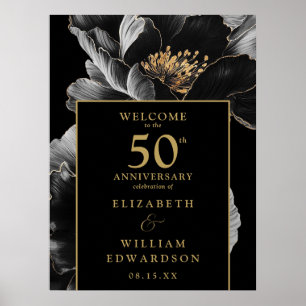 Poster Letreiro de Aniversário de 50 Anos Floral Preto e 