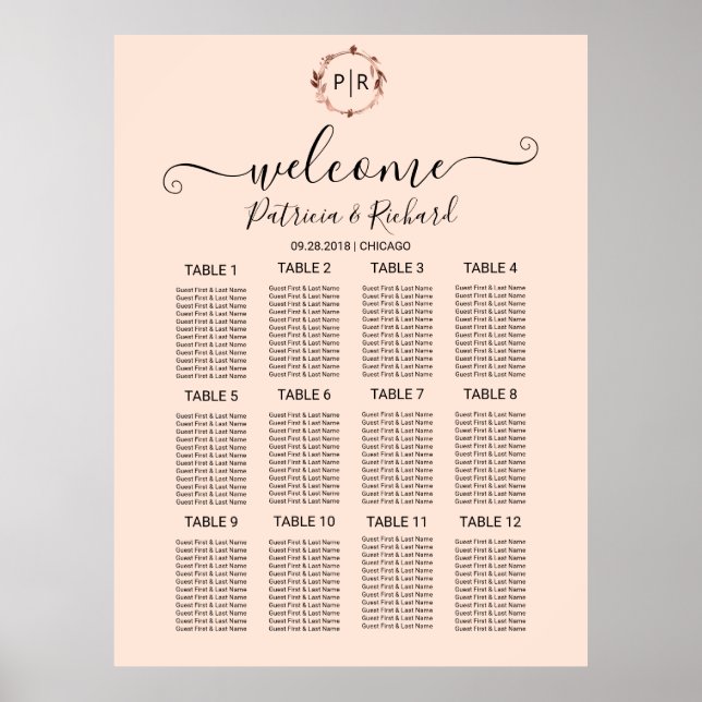 Poster Letreiro de Assentos de Casamento com Monograma em (Frente)